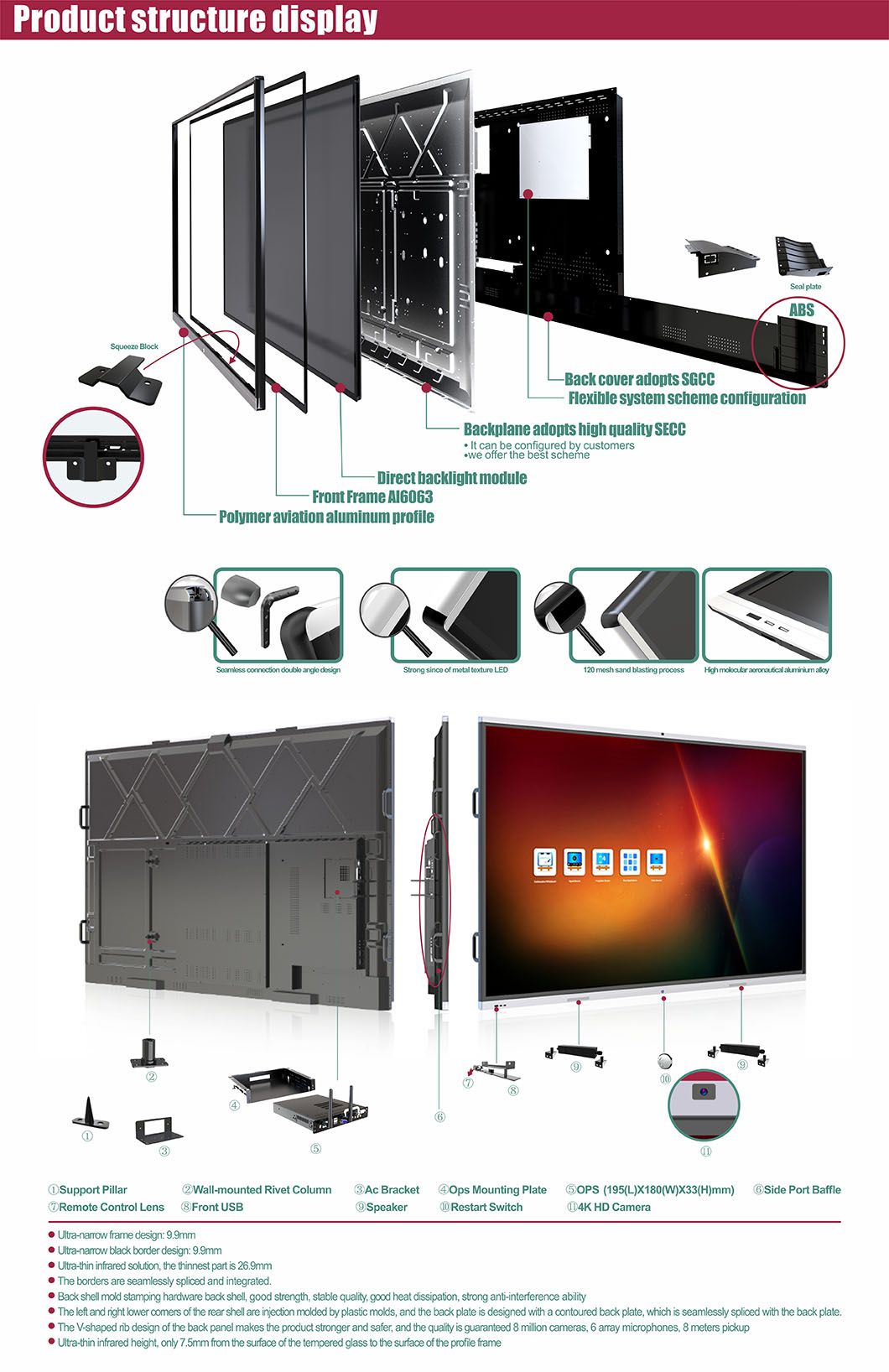 T6 Series Nesting 86 Inch SKD 4K  Infrared Touch Screen Online Interactive Whiteboard with Built-in camera and Microphone