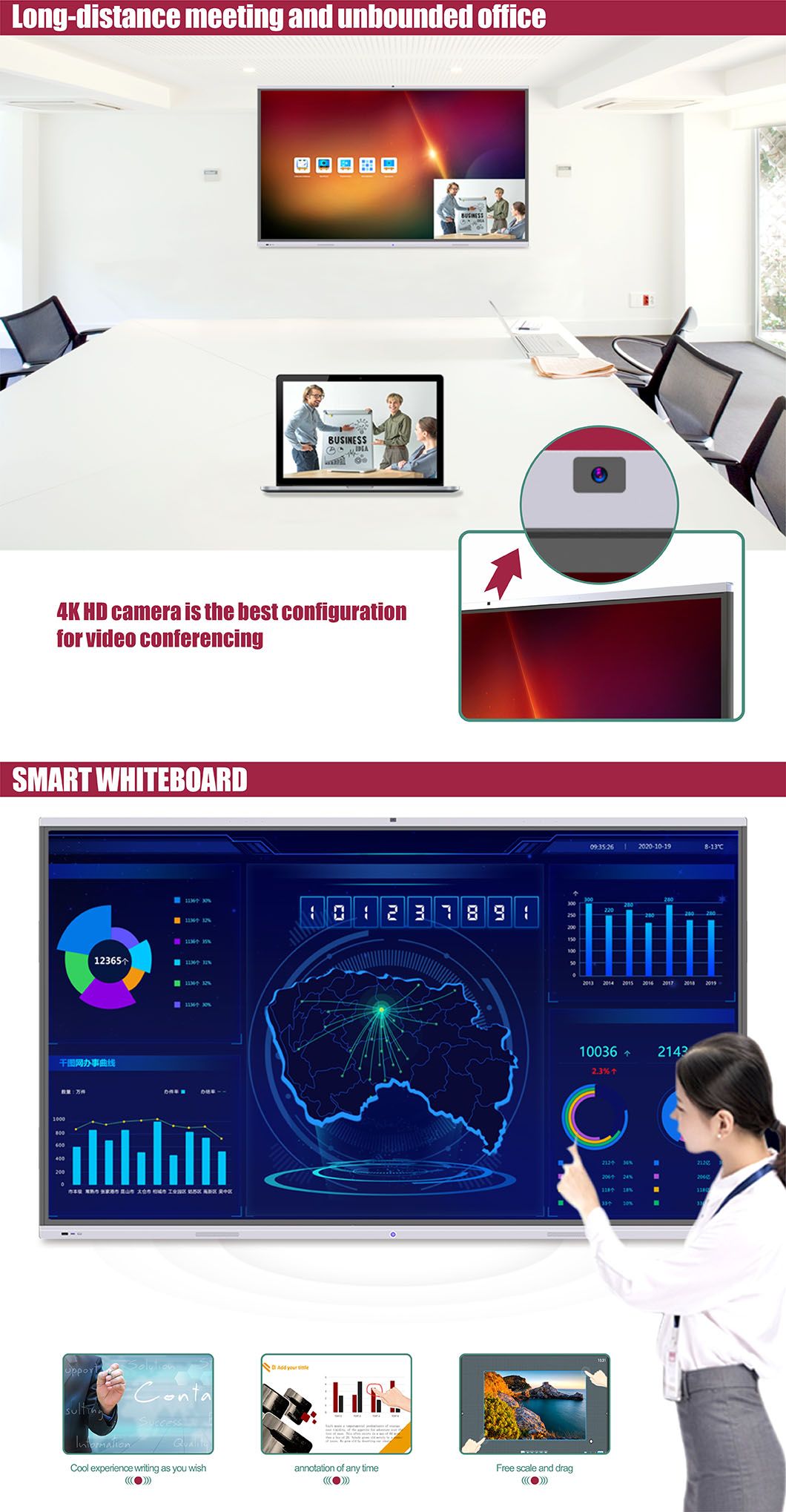 T6 Series Nesting 86 Inch SKD 4K  Infrared Touch Screen Online Interactive Whiteboard with Built-in camera and Microphone