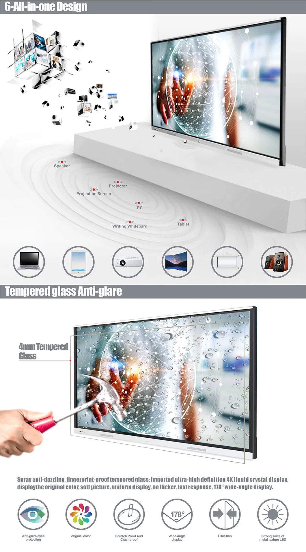 T6 Series Nesting 86 Inch SKD Infrared Touch Screen Finger Touch Portable Interactive Whiteboard with camera and Microphone